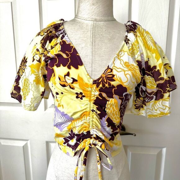 Maeve Anthropologie cinched yellow floral flutter  sleeve tie top - Picture 3 of 12